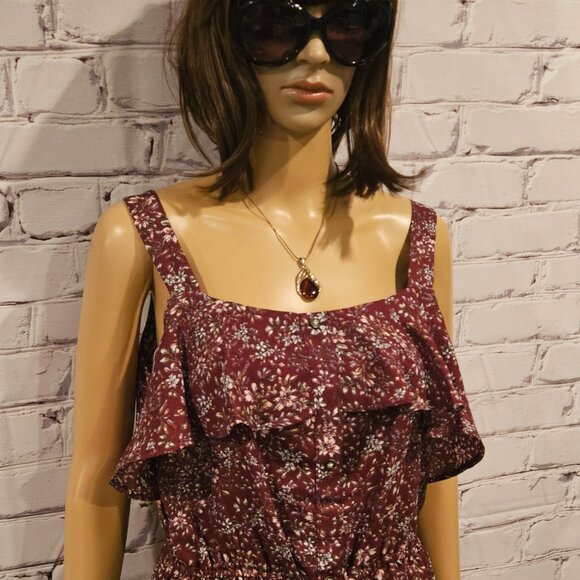 NWT!! BOBEAU - Burgundy sleeveless front ruffle floral dress - Picture 7 of 11